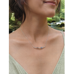 Collier Labradorite porté au cou, bijou discret en acier inoxydable avec reflets bleutés et énergie de recentrage.