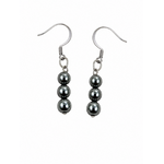 Boucles d’oreilles hématite création Magic Gaïa détourées sur fond blanc, trois perles métalliques, protection et stabilité.