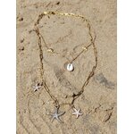 Création Magic Gaïa, collier double rang étoiles de mer doré posé sur le sable en Vendée