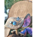 Clous d’oreilles en labradorite – inox 304 – présentés sur un décor papillon de bois et papillon coloré ; reflets bleutés.
