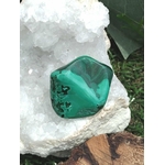 Malachite roulée sur cristal de roche avec fond végétal — ouverture du cœur, stabilité intérieure, nettoyage énergétiquer