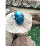 Bague apatite bleue ajustable en argent 925, décor nature (champignon, écorce, herbe) — chakra gorge, communication bienveillante, confiance.