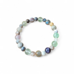 Bracelet chakra Ajna sur fond blanc, perles naturelles labradorite, fluorite et merlinite, lucidité mentale et perception subtile