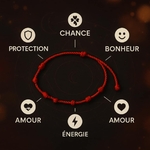 Visuel bracelet rouge 7 nœuds sur fond noir avec pictogrammes, porte-bonheur de protection, chance et amour