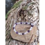 Bracelet 6 mm améthyste, quartz rose et cristal de roche sur galet avec fond écorce, équilibre émotionnel et clarté du ressenti