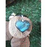 Pendentif cœur en labradorite bleue sur cordon noir, décor nature avec champignon, bijou pierre naturelle évoquant le discernement, l’ancrage et la tranquillité intérieure.