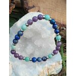 Bracelet pierres pour le stress sur amas de quartz, création Magic Gaïa en lapis lazuli, lépidolite et amazonite pour relâcher la pression