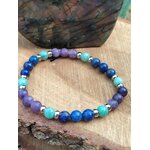Bracelet anti-angoisse en lapis lazuli, lépidolite et amazonite sur bois naturel, soutien émotionnel, douceur intérieure et confiance