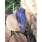 Pendule en améthyste naturelle avec chaîne argentée, posé sur des champignons et végétation en extérieur, outil de radiesthésie ésotérique pour intuition et spiritualité.