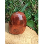 Forme libre Cornaline naturelle en extérieur sur bois, pierre orange-rouge pour la lithothérapie – vitalité, courage, énergie créative.
