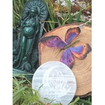 Plateau rond en sélénite blanche 10 cm, posé dans l’herbe avec statue de Gaïa, idéal pour recharger cristaux et harmoniser les émotions