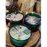 bougies bien-être lavande mèche bois verre vert avec quartz rose jade et améthyste équilibre émotionnel