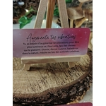 Carte “Augmente tes vibrations” du Petit Oracle des Sœurcières (L’Atelier des Sœurcières) posée sur chevalet en bois, ambiance naturelle sur rondin, décor chaleureux et spirituel