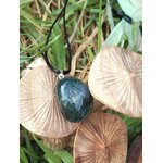 Pendentif agate mousse vert-bleuté sur cordon noir, posé sur coquillages dans l’herbe, apaisement du ressenti et lien au vivant