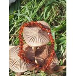 Bracelet en ambre naturel posé dans l’herbe près de petits champignons, bijou lumineux pour calme émotionnel et chaleur du cœur