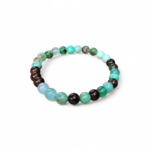 Bracelet chrysoprase sur fond blanc, pierre fine verte et perles marron chocolat pour confiance retrouvée et stabilité émotionnelle