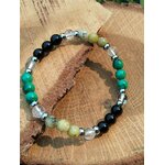 Bracelet Fibromyalgie en malachite, serpentine et cristal de roche sur bois naturel, équilibre intérieur et apaisement du mental
