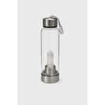 bouteille deau en verre énergisant cristal de roche, fond blanc, bouchon inox avec dragonne, pointe de cristal de roche intégrée