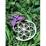 Symbole Graine de Vie en bois ajouré, support rond sur plantes vertes, papillon bleu violet, photo nature.