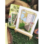 Oracle des miroirs, coffret et cartes illustrées, une carte sur chevalet blanc, posé sur mousse verte et rondin de bois.