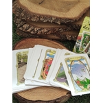 Oracle des miroirs Éditions Trajectoire, cartes de tirage posées sur rondin de bois, décor rondins empilés, style autel nature.