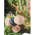 Pendentif pierre gabbro présenté sur herbe et bois brut, bijou en pierre naturelle associé à l’enracinement, au calme du mental et à l’équilibre intérieur.