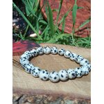 Bracelet pierre dalmatienne 6 mm sur planche en bois avec plantes vertes, perles crème sable et taches noires, lâcher-prise, confiance et stabilité