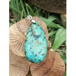 Pendentif turquoise africaine goutte bleu-vert sur bélière argentée, posé sur champignons décoratifs en bois avec feuillage, jaspe africain évoquant la stabilité émotionnelle, l’aisance et le calme du cœur.