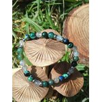 Bracelet en pierres naturelles azurite, labradorite et agate mousse sur décor nature avec champignons en bois, harmonie intérieure et intuition apaisée