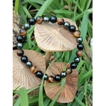 Bracelet 3 protections 6 mm sur rondins de bois avec feuillage, obsidienne noire, œil de tigre et hématite pour ancrage, protection et assurance