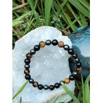 Bracelet 3 protections 6 mm sur galet blanc avec plantes vertes, trio obsidienne, œil de tigre et hématite pour force intérieure et enracinement