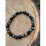 Bracelet en pierres naturelles 6 mm sur bois brut, obsidienne noire, œil de tigre et hématite pour protection renforcée, courage et équilibre