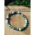 Bracelet Agate Arbre 6 mm sur liège avec feuillage, perles vert mousse et blanches, enracinement paisible et stabilité intérieure