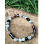 Bracelet Deuil 6 mm sur rondins de bois avec feuillage vert, perles noires, blanches et rose pâle pour lâcher-prise, tendresse intérieure et paix du cœur