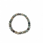 Bracelet jaspe feuilles dargent 6 mm sur fond blanc, perles vert mousse, olive, beige sable et brun taupe et nuances minérales, stabilité, recul et force calme