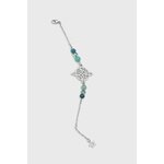 Bracelet chaîne argentée symbole antique, perles amazonite bleu-vert, Aqua Aura irisé et apatite turquoise, détouré sur fond blanc, apaisement, communication, clarté, équilibre émotionnel.