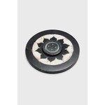 Porte-encens lotus en pierre ollaire noir et nacré, forme ronde avec centre porte-bâton, présenté sur fond blanc, ambiance zen, favorise détente, calme intérieur et recentrage.