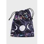 Pochon de rangement en velours noir motif galaxie, triple lune blanche au centre, décor champignons colorés et petits motifs, cordons de serrage noirs, détouré sur fond blanc