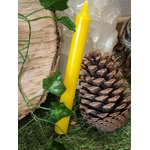Bougie jaune décor nature (bois, pomme de pin, lierre, mousse), clarté, joie, énergie solaire.