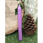 Bougie violette fine dans un décor nature (rondin de bois, pomme de pin, lierre, mousse), invite à l’intuition, au calme, au recentrage.