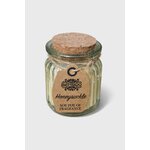 Bougie parfumée chèvrefeuille (Honeysuckle) en cire de soja, pot en verre nervuré avec couvercle liège et étiquette kraft, fond blanc, douceur, apaisement, sérénité, réconfort.
