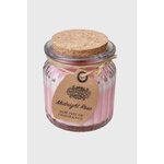 Pot bougie Rose de Minuit (cire de soja) en verre avec bouchon liège et ficelle naturelle, détouré sur fond blanc, sérénité, réconfort, harmonie.