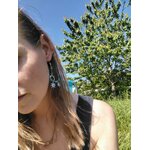 Portrait en extérieur portant une boucle d’oreille Atlante en apatite bleue, création Magic Gaïa, anneau argenté avec charms lune et soleils, fond ciel bleu et arbre. Apaisement, communication, clarté intérieure, confiance douce
