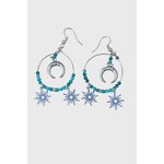Boucles d’oreilles Atlante en apatite bleue création Magic Gaïa, perles facettées et charms lune/soleil argentés, posées sur rondin de bois au soleil dans l’herbe. Bienfaits : apaisement, expression, clarté intérieure, confiance douce
