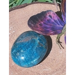 Pierre roulée d’apatite bleue bleu lagon veinée, posée près d’un champignon décoratif violet et bleu sur fond neutre, pierre naturelle évoquant la créativité, la justesse intérieure et l’apaisement.