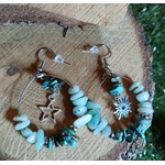 Boucles d’oreilles Ombre & Lumière création Magic Gaïa, anneaux argentés avec amazonite et éclats de turquoise, charms étoile et soleil, photo sur rondin de bois avec feuillage.