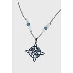 Collier acier inoxydable avec pendentif nœud de sorcière sur fond blanc, perles de péristérite et Aqua Aura pour calme intérieur et clarté du ressenti