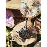 Collier nœud de sorcière avec péristérite et Aqua Aura sur décor nature avec champignons, clarté mentale et recentrage serein