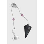 Pendule noir facetté avec chaîne argentée, breloques attrape-rêves et triple lune, perles roses, fond blanc, aide à la protection, à la clarté et à l’ancrage.