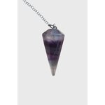 Pendule en fluorite multicolore facettée (violet, bleu, vert) sur chaîne argentée, fond blanc, favorise la clarté mentale, l’apaisement et l’équilibre émotionnel.